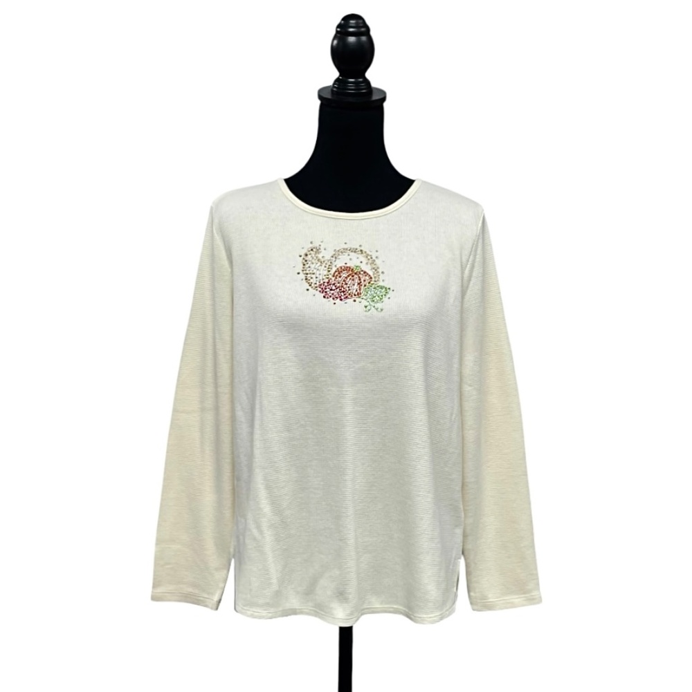 Quacker Factory Embellished Fall Thanksgiving Cardigan & Thermal Top Set Size L - Picture 2 of 15
